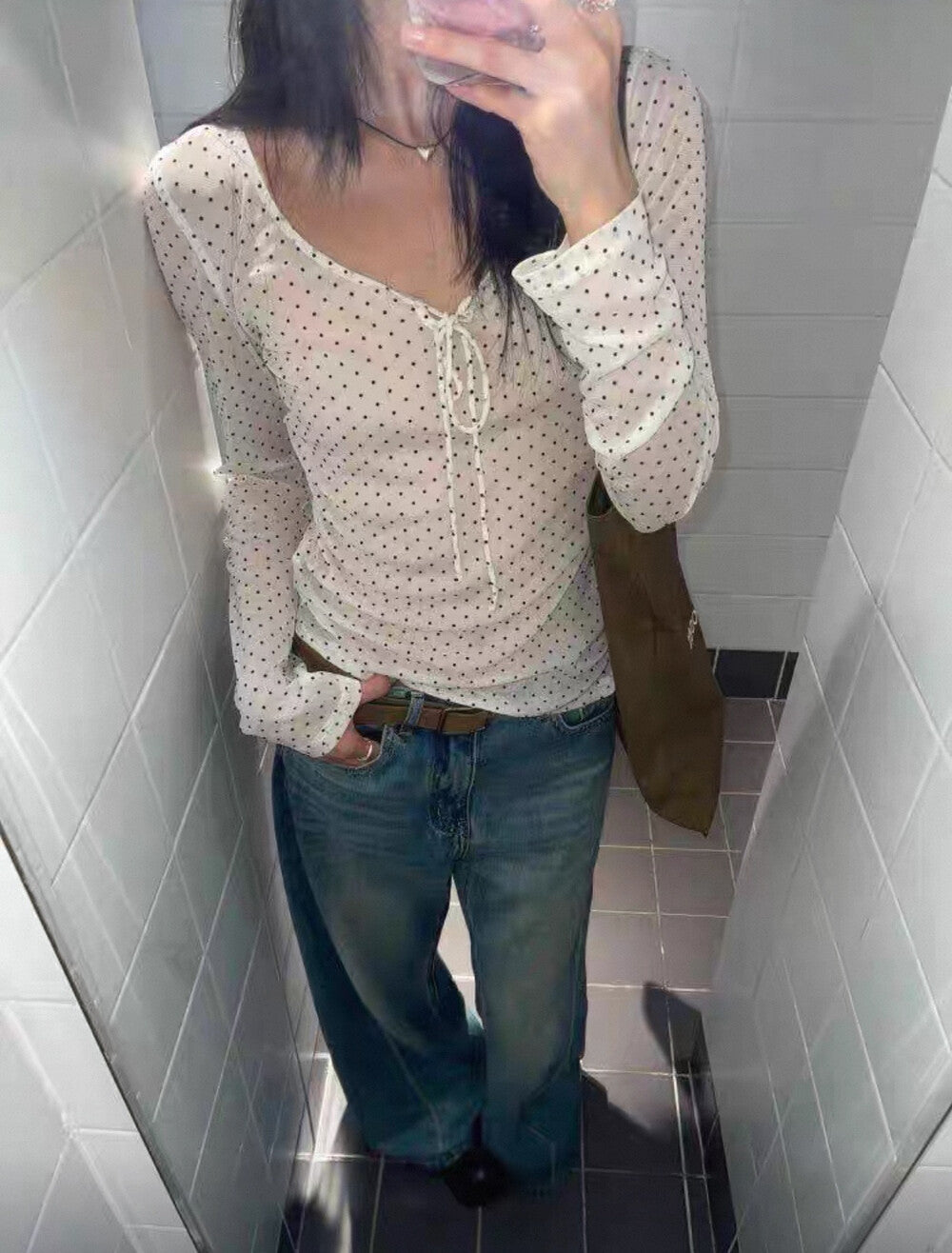 Polka Dot Sheer Tie Bow Long Sleeve