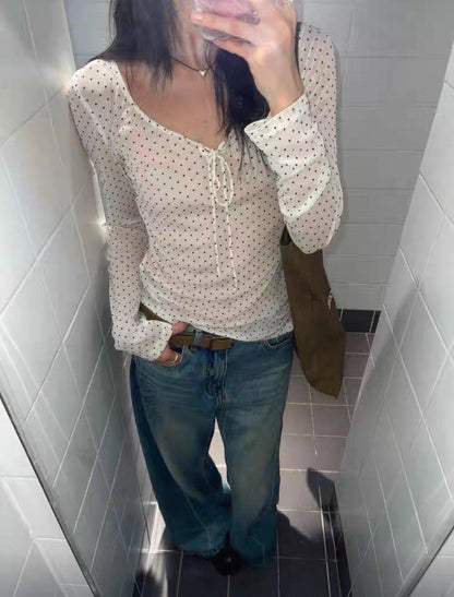 Polka Dot Sheer Tie Bow Long Sleeve
