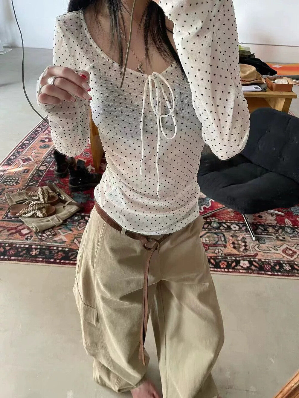 Polka Dot Sheer Tie Bow Long Sleeve