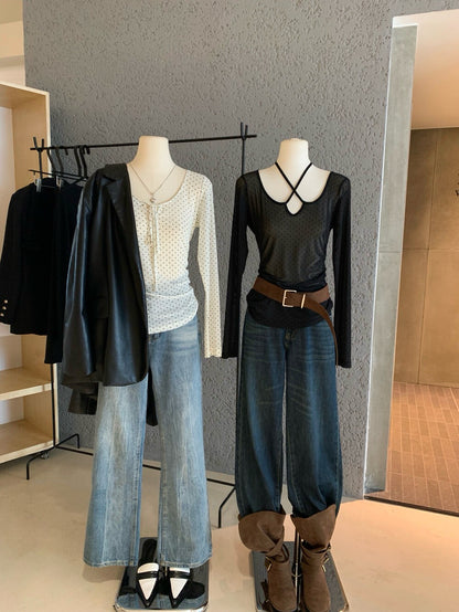 Polka Dot Sheer Tie Bow Long Sleeve