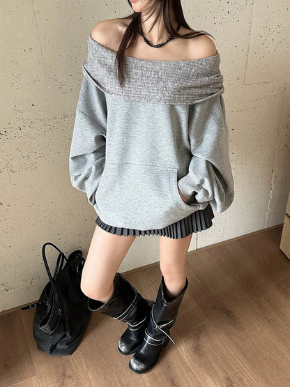 Off-shoulder Loose-fit Versatile Sweatshirt