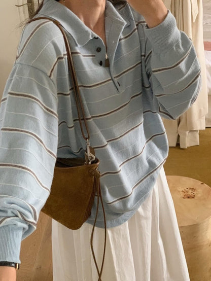 Collared Versatile Striped Knit Sweater