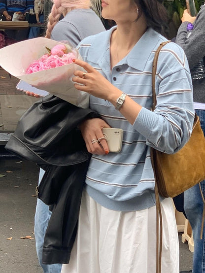 Collared Versatile Striped Knit Sweater