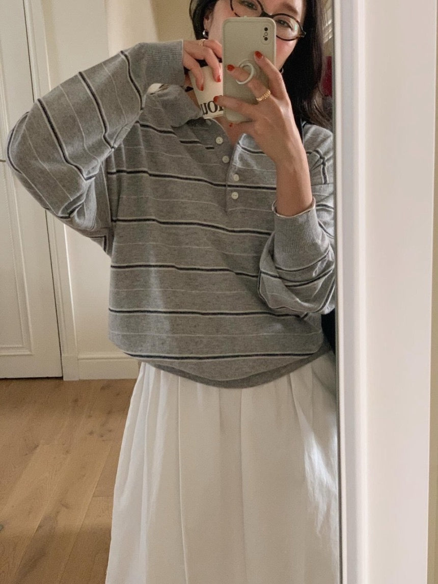 Collared Versatile Striped Knit Sweater