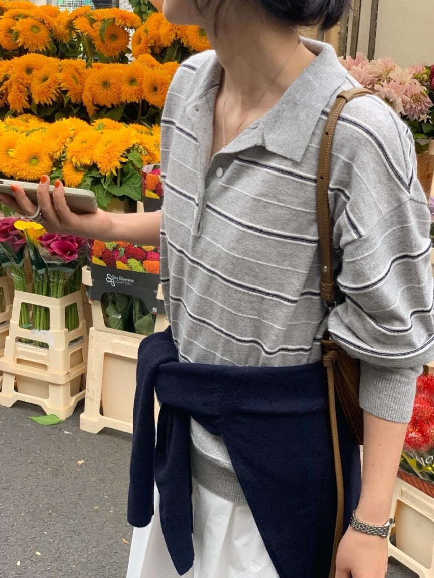 Collared Versatile Striped Knit Sweater