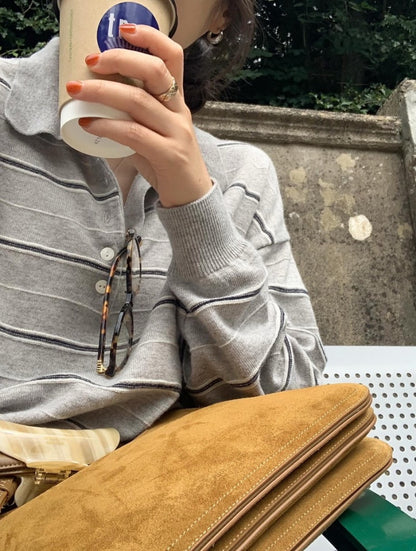 Collared Versatile Striped Knit Sweater