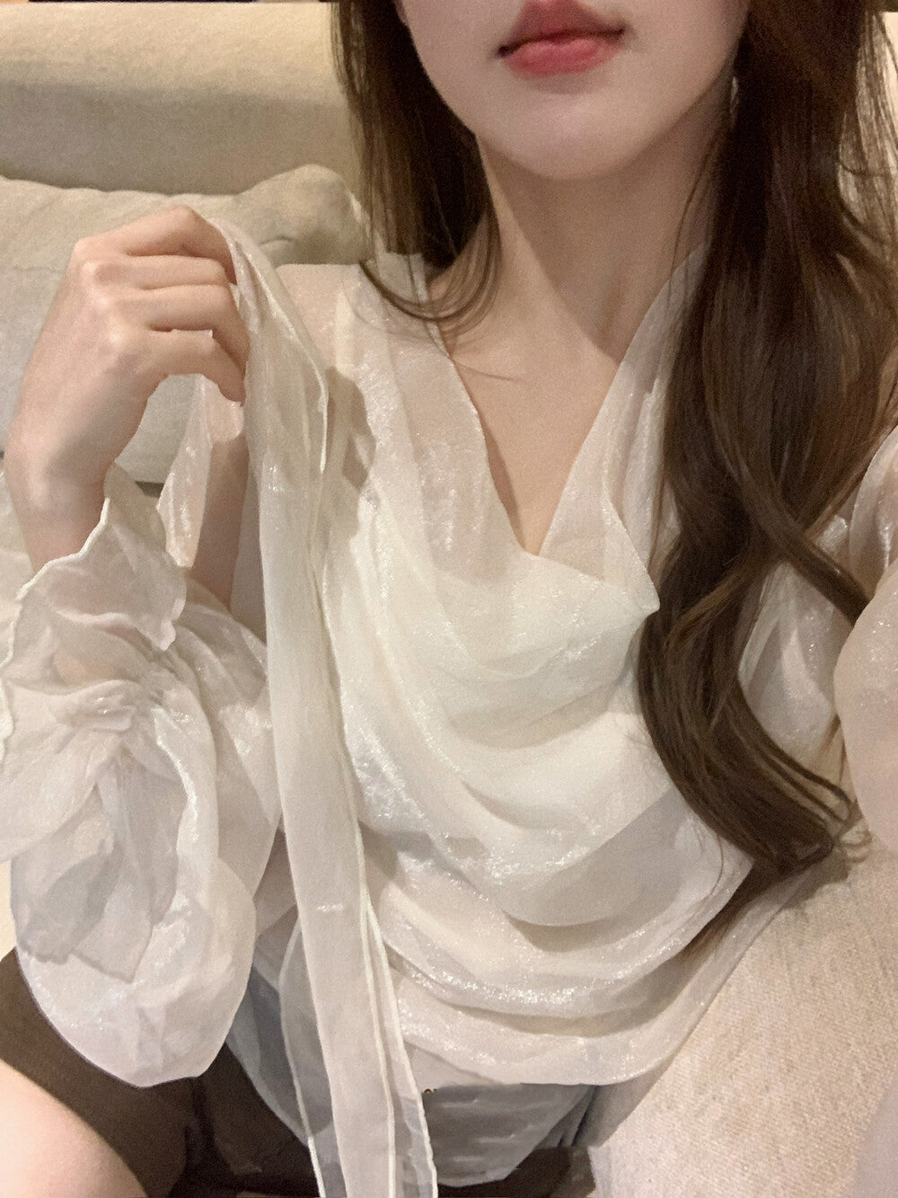 Lustrous Cowl Neck Blouse with Tie