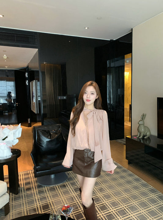 V-neck Floral Chiffon Blouse with Bow Tie