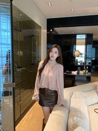 V領花苞雪紡飄帶恤衫