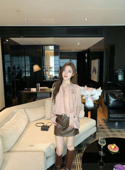 V領花苞雪紡飄帶恤衫