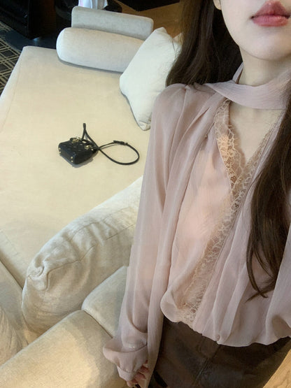 V領花苞雪紡飄帶恤衫