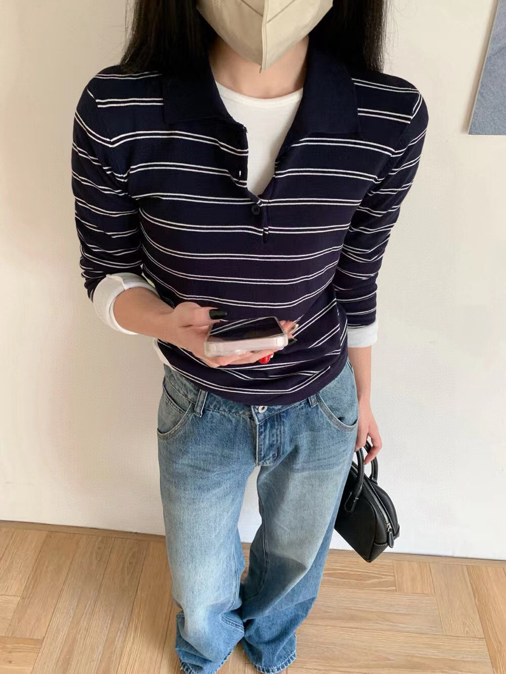 Collared Slim-Fit Striped Long-Sleeve T-Shirt