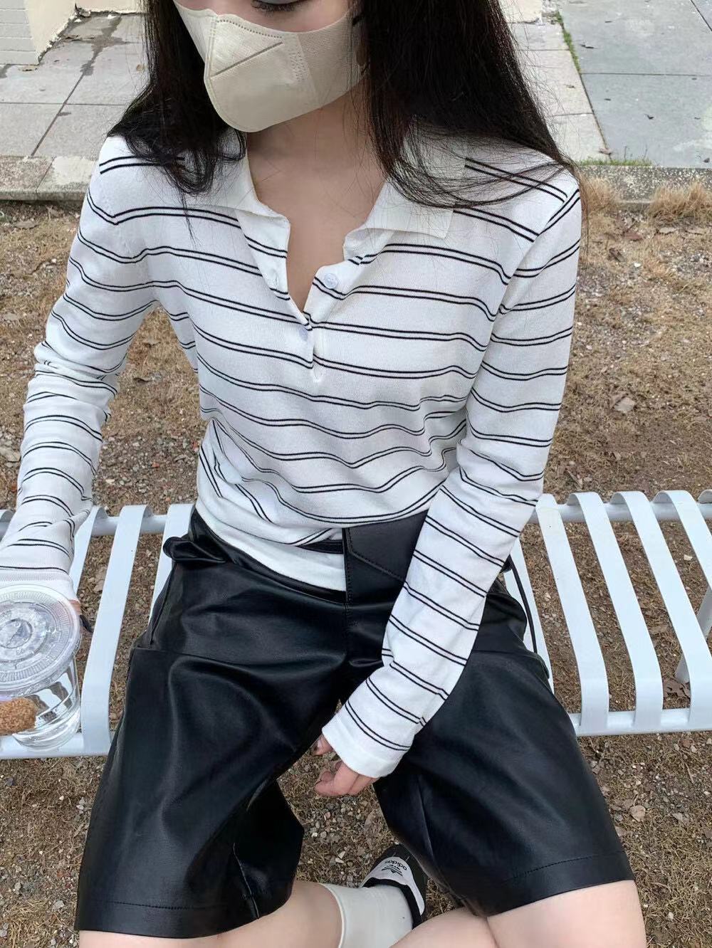 Collared Slim-Fit Striped Long-Sleeve T-Shirt