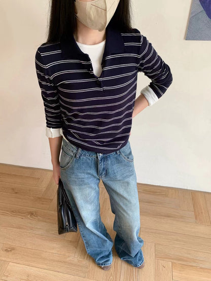 Collared Slim-Fit Striped Long-Sleeve T-Shirt