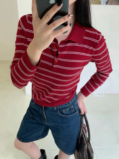 Collared Slim-Fit Striped Long-Sleeve T-Shirt