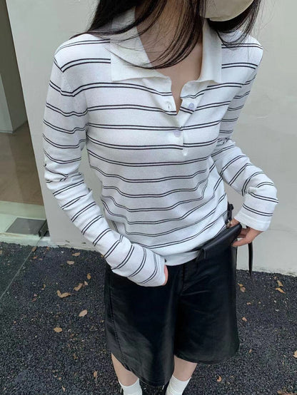 Collared Slim-Fit Striped Long-Sleeve T-Shirt
