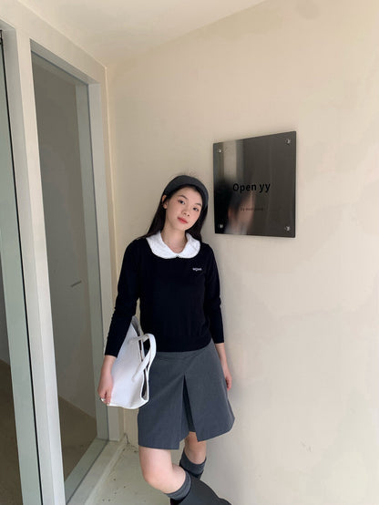 甜美刺繡娃娃領針織衫