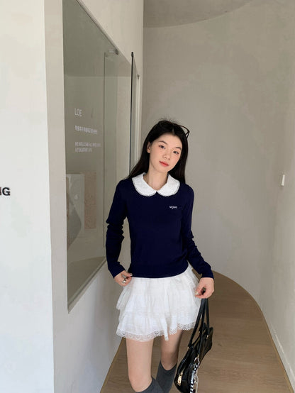 甜美刺繡娃娃領針織衫