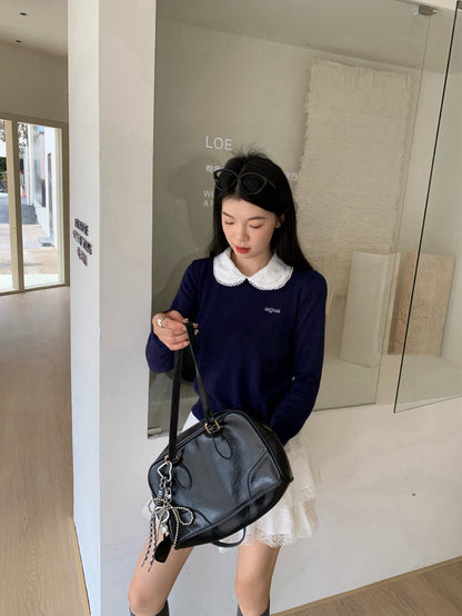 甜美刺繡娃娃領針織衫