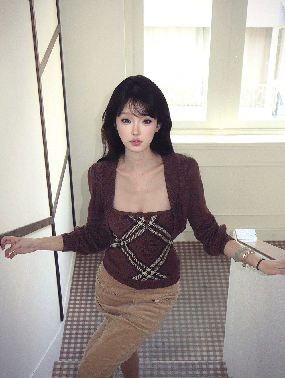法式格紋抹胸內搭+長袖針織開衫set
