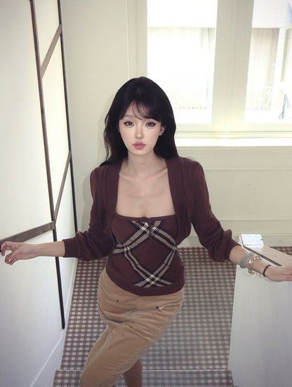 法式格紋抹胸內搭+長袖針織開衫set