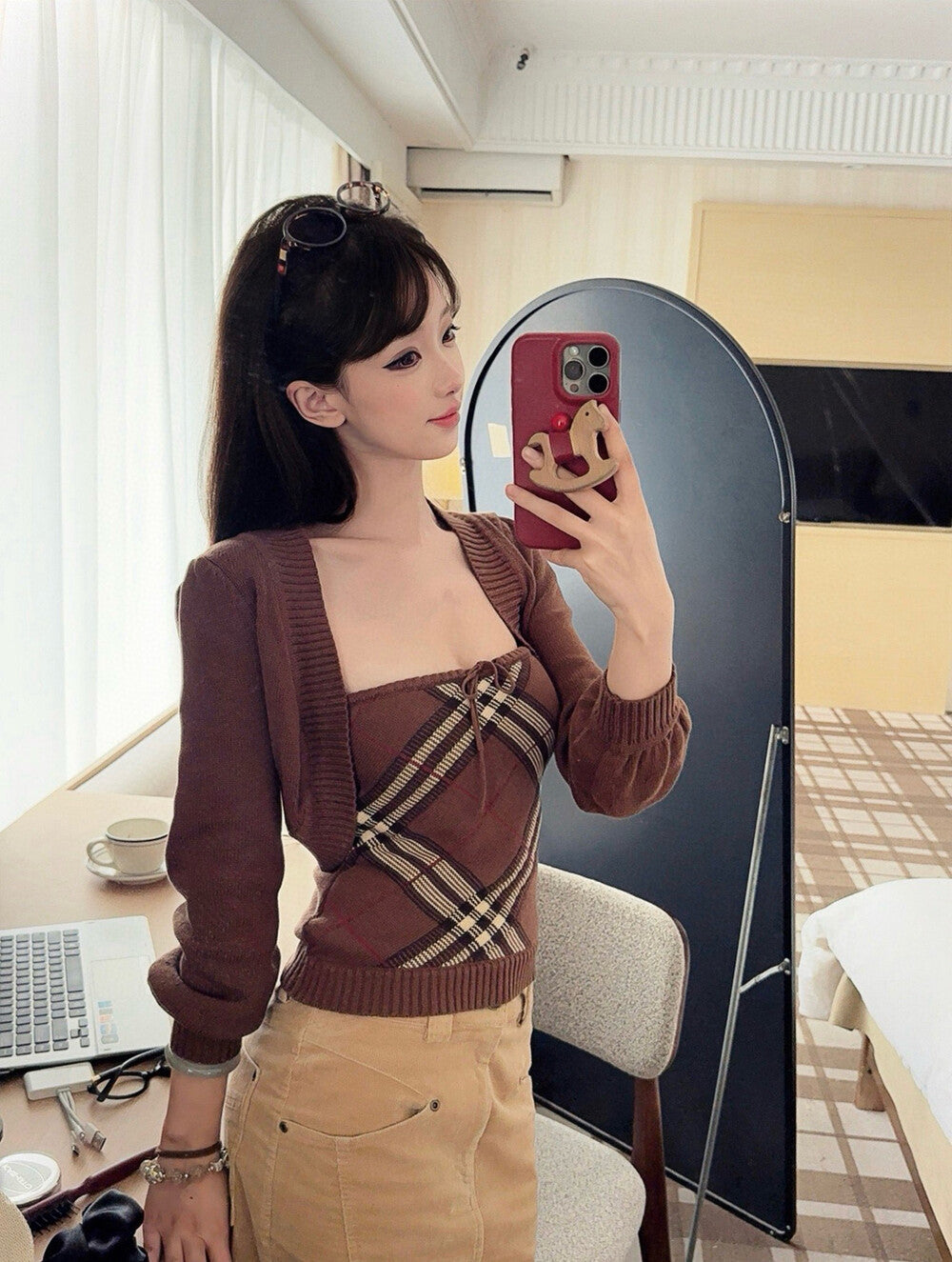 法式格紋抹胸內搭+長袖針織開衫set