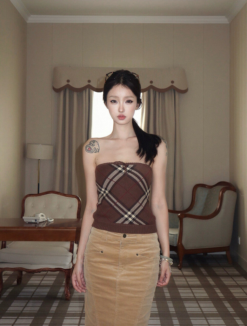 法式格紋抹胸內搭+長袖針織開衫set