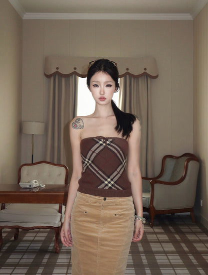 法式格紋抹胸內搭+長袖針織開衫set