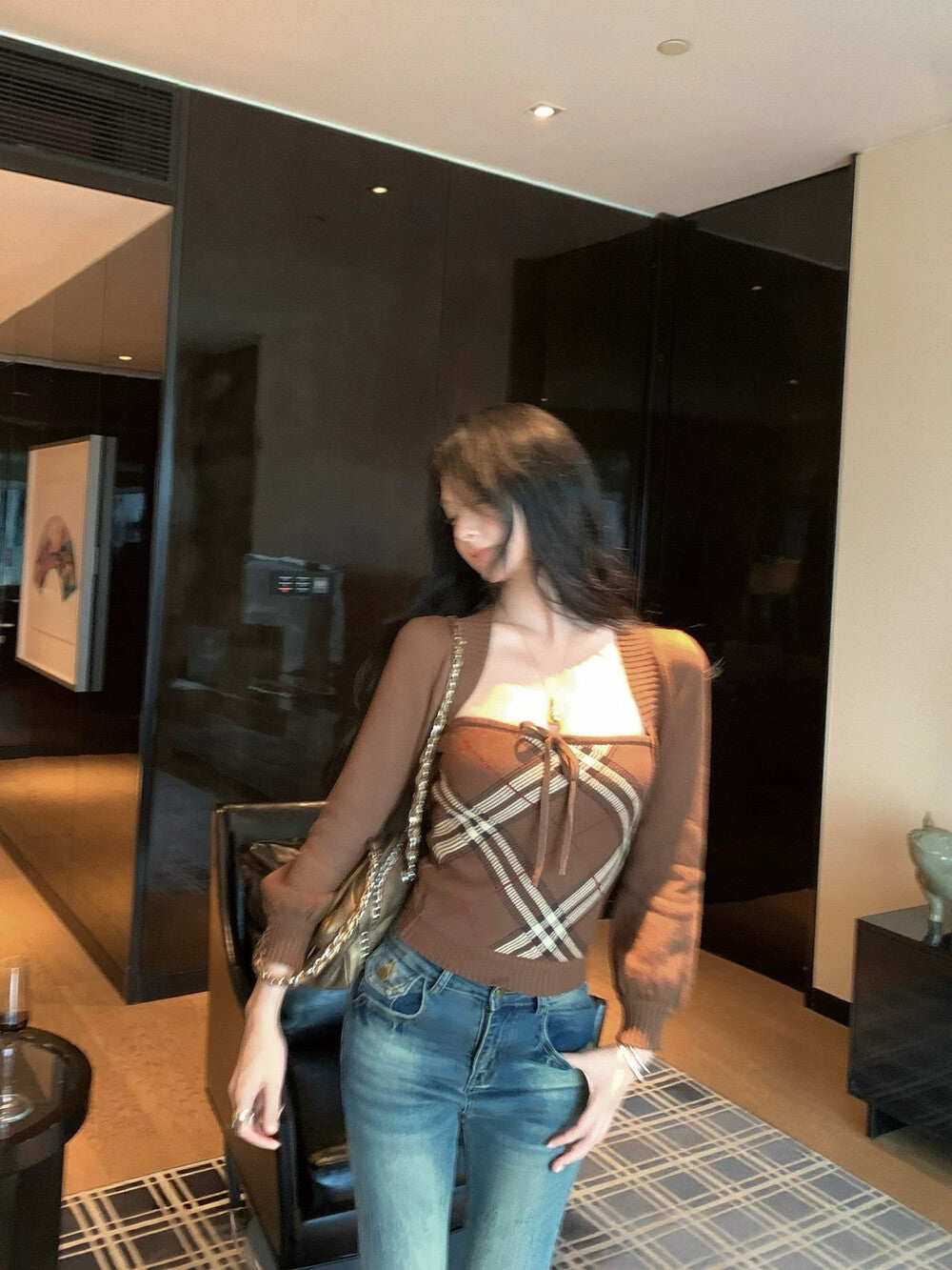 法式格紋抹胸內搭+長袖針織開衫set