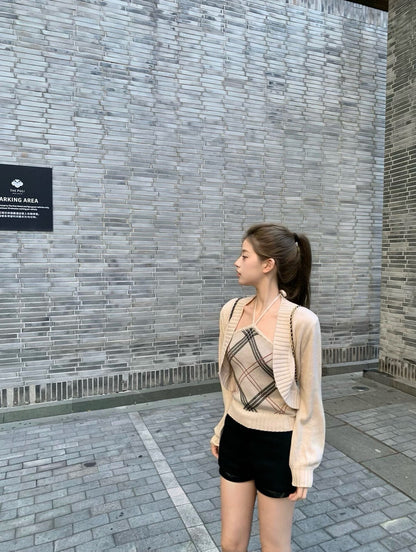 法式格紋抹胸內搭+長袖針織開衫set