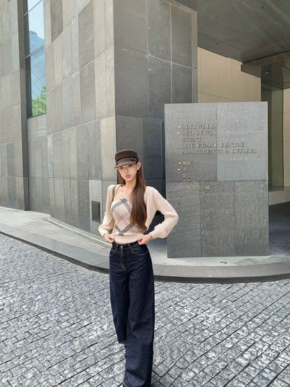 法式格紋抹胸內搭+長袖針織開衫set