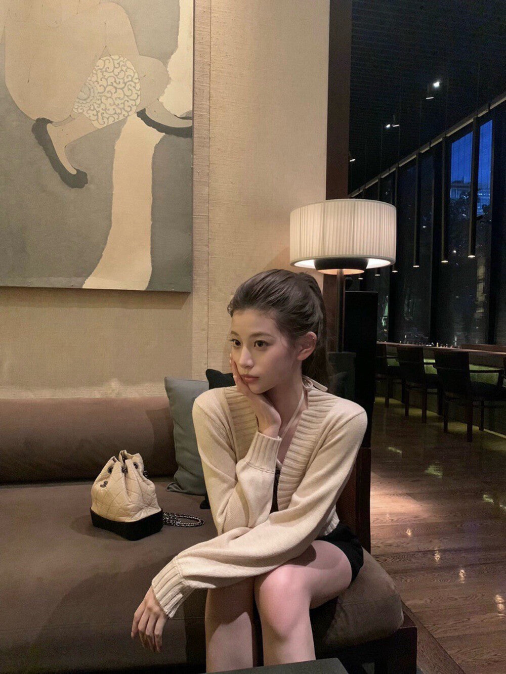 法式格紋抹胸內搭+長袖針織開衫set