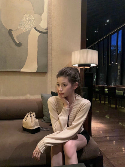 法式格紋抹胸內搭+長袖針織開衫set