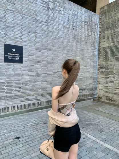 法式格紋抹胸內搭+長袖針織開衫set