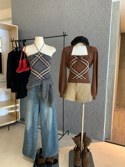 法式格紋抹胸內搭+長袖針織開衫set