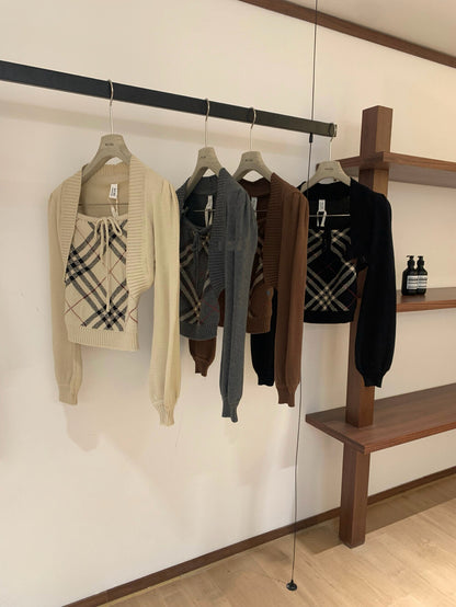 法式格紋抹胸內搭+長袖針織開衫set