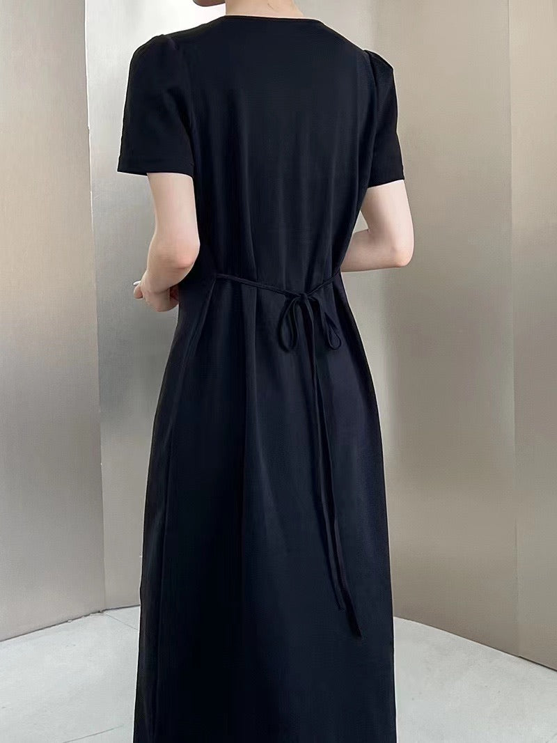 Black Short-Sleeve Fitted Maxi Dress