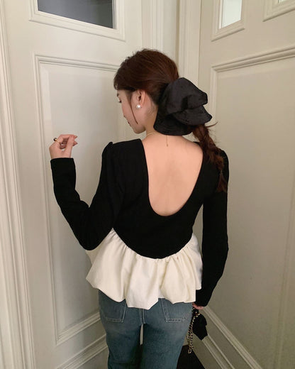 ヴィンテージバックオープンフリル長袖トップ