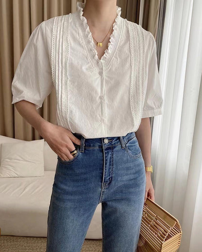 White Ruffle Neck Top