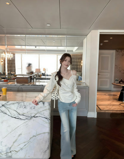 不對稱交叉領露肩小衫