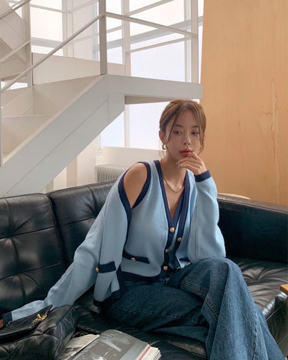 V-neck single-breasted vest + color-block knit cardigan