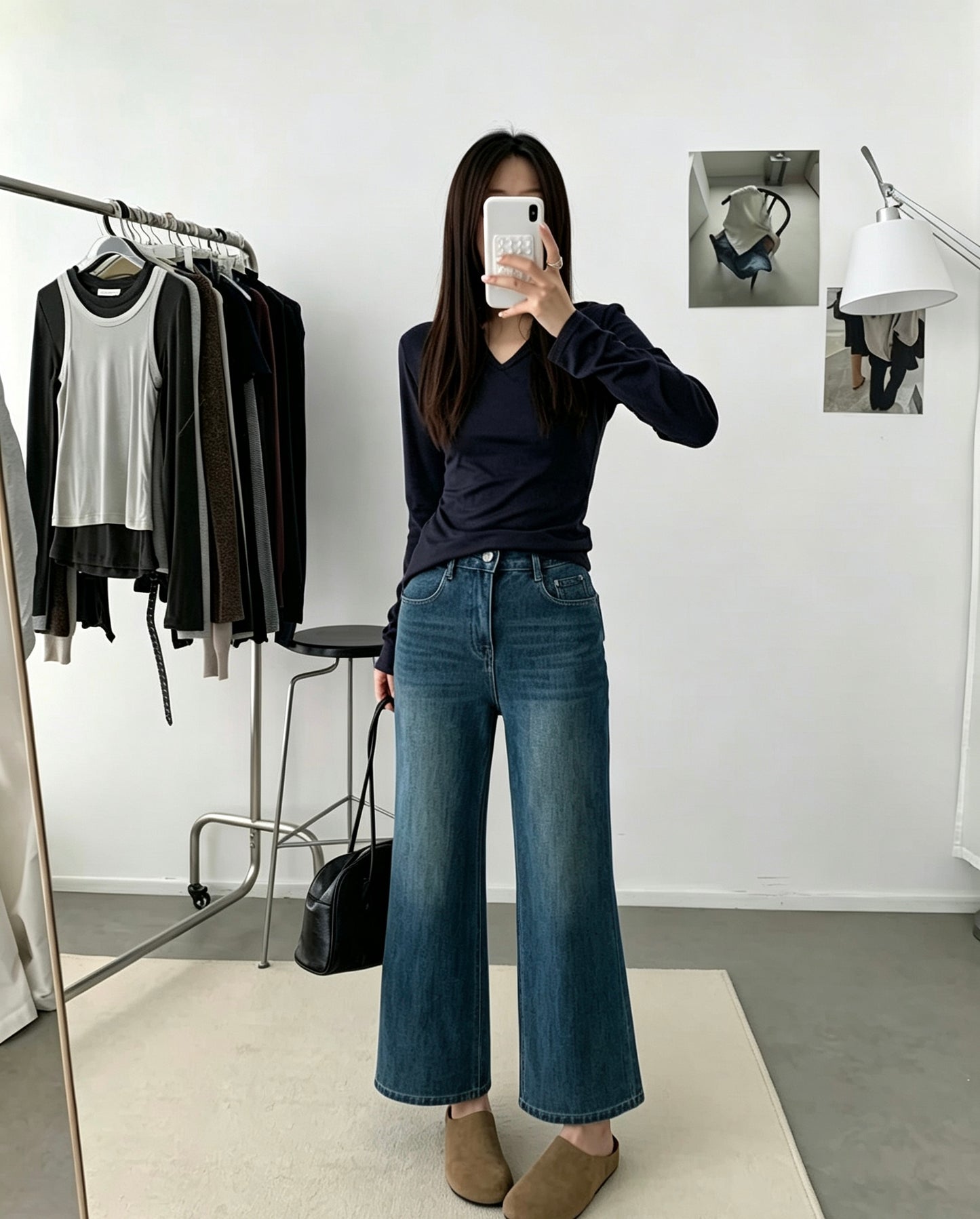 韓国風 8wayストレッチ ワイドデニムパンツ