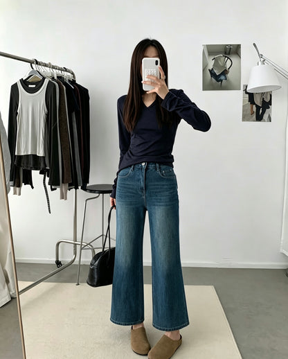 韓国風 8wayストレッチ ワイドデニムパンツ