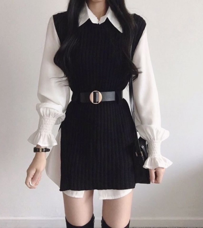 T-shirt dress + knitted vest set
