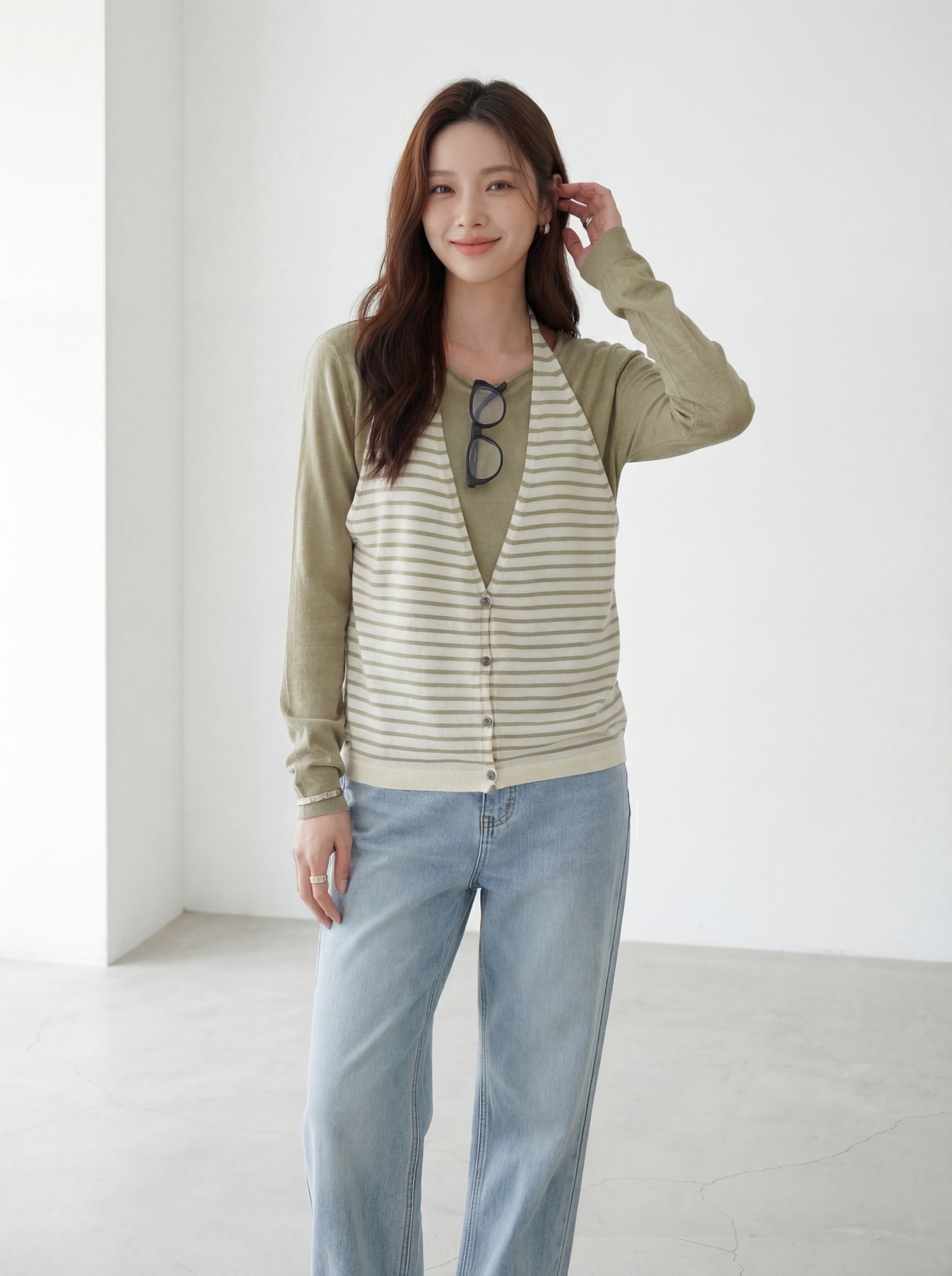 Striped Knit Sweater with Spliced Mock Two-Piece Halter Neck