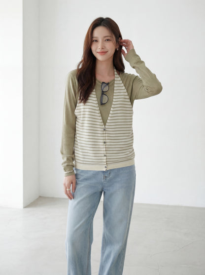 Striped Knit Sweater with Spliced Mock Two-Piece Halter Neck