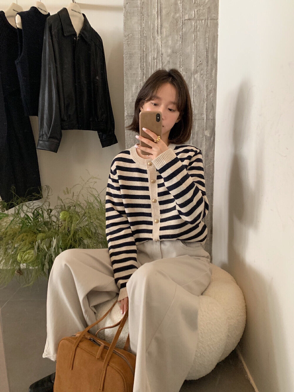 圓領條紋簡約針織開衫