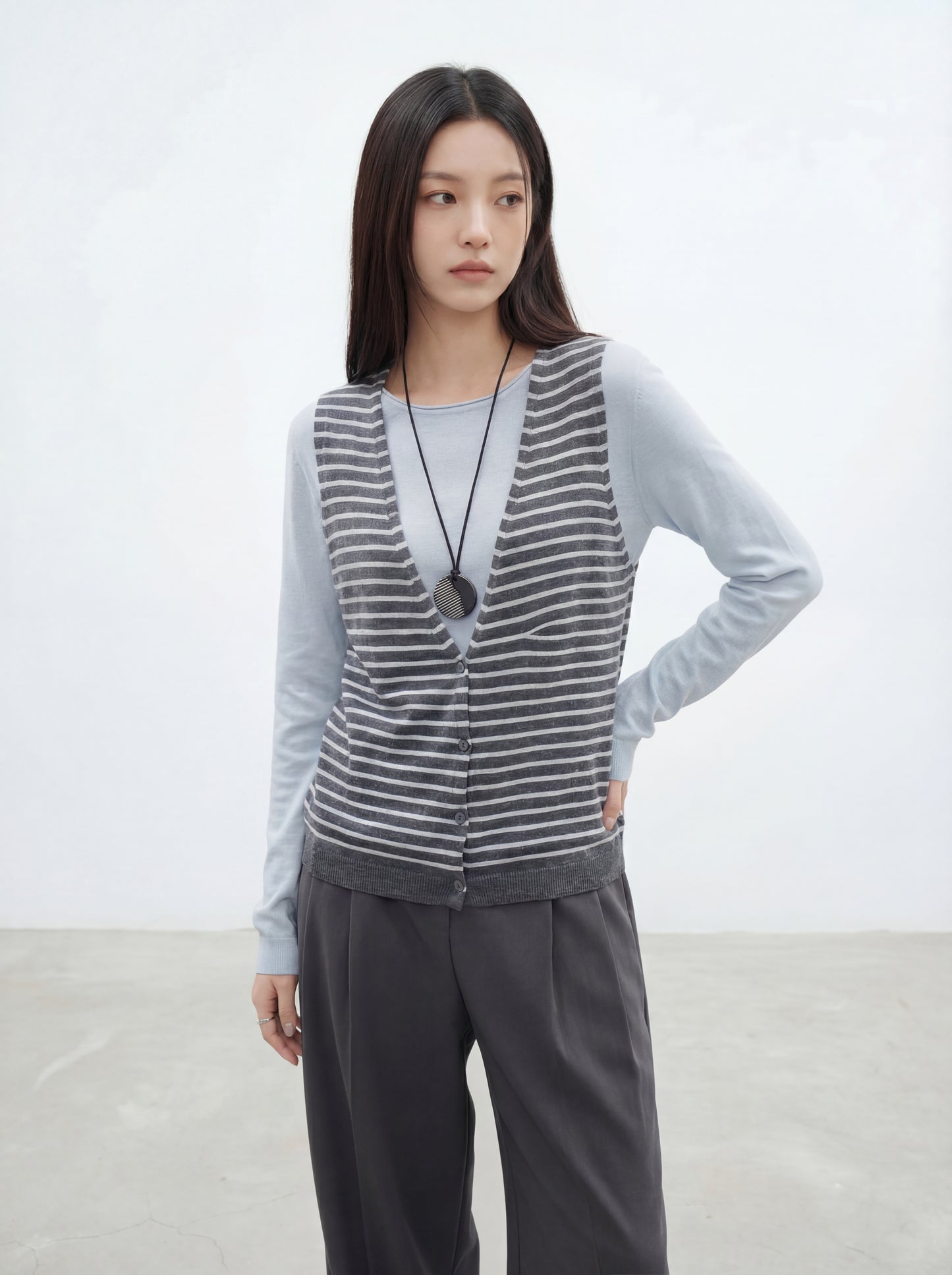 Striped Knit Sweater with Spliced Mock Two-Piece Halter Neck