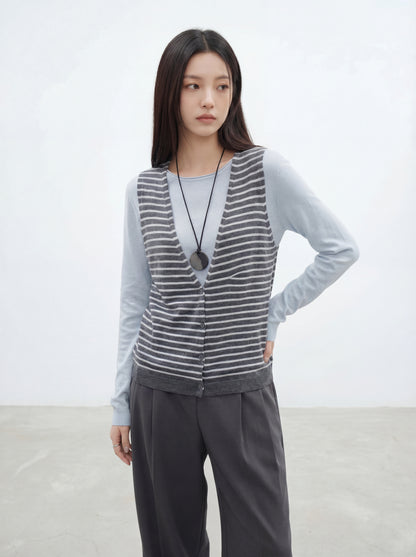 Striped Knit Sweater with Spliced Mock Two-Piece Halter Neck