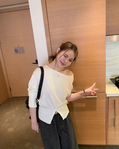 簡約斜肩針織top